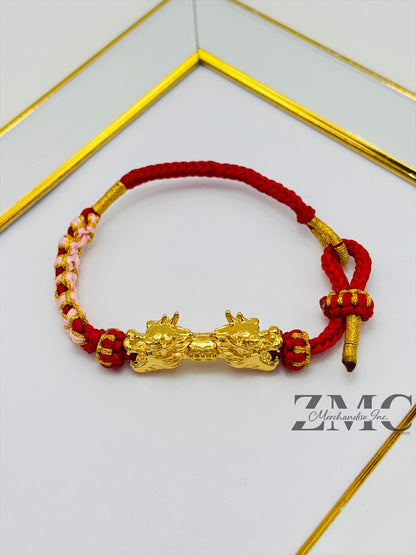 18K Gold Lucky Dragon Bracelet Red String ( Hollow Empty Inside) XXL