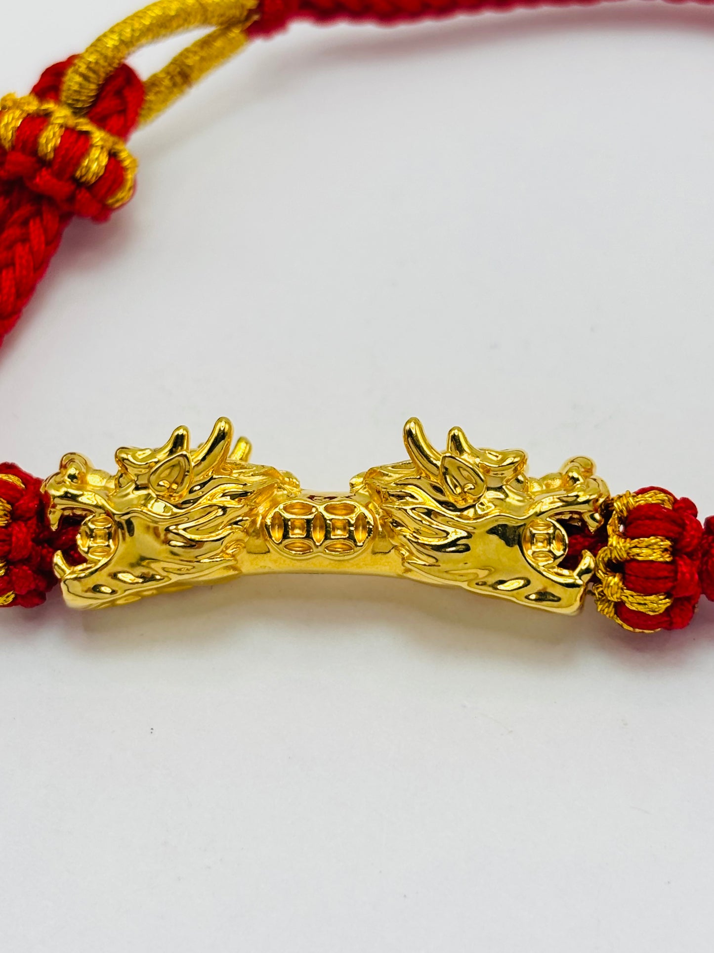 18K Gold Lucky Dragon Bracelet Red String( Hollow Empty Inside) XXL