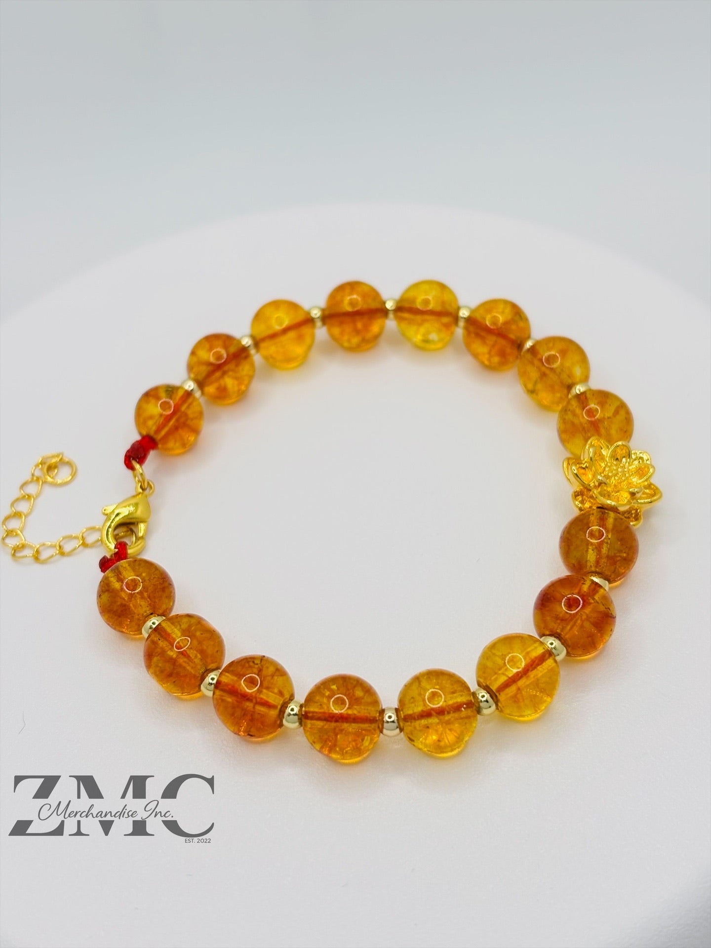 18K Gold Lucky Lotus Flower Bracelet Citrine Stone ( Hollow Empty Inside)