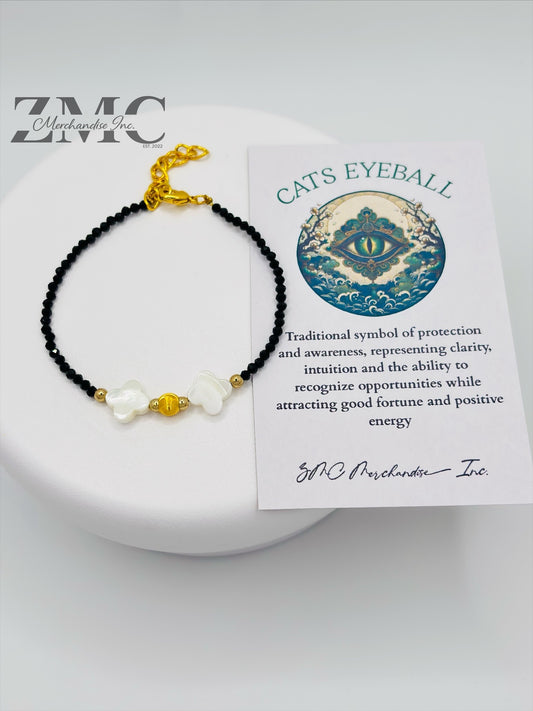 18K Gold Cats Eye Ball with Black Spinel Stone & Four Leaf Fresh Water Pearl