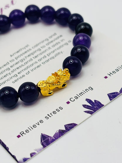 18K Gold Lucky Piyao/ Pi Xiu Black Amethyst Stone ( Hollow Empty Inside) Medium Size