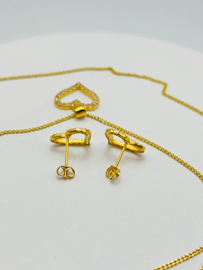 18K Gold Heart Necklace and Earrings Set