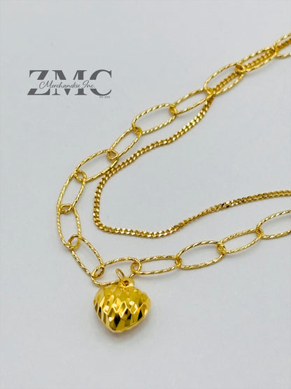18K Gold Paperclip Double with Heart Charm Bracelet