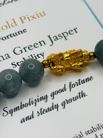 18K Gold Lucky Piyao/ Pi Xiu Burma Green Jasper Evil Eye Bracelet ( Hollow Empty Inside) Medium