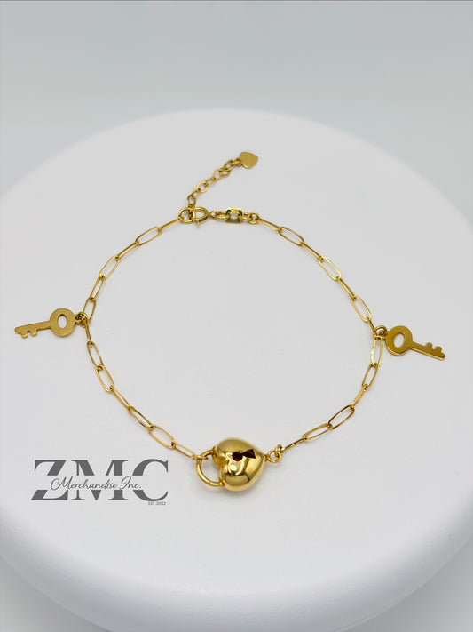 18K Gold Heart and Key Bracelet
