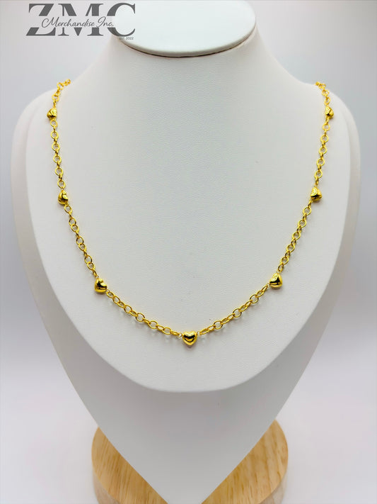 18K Gold Attached Small Heart Station Necklace