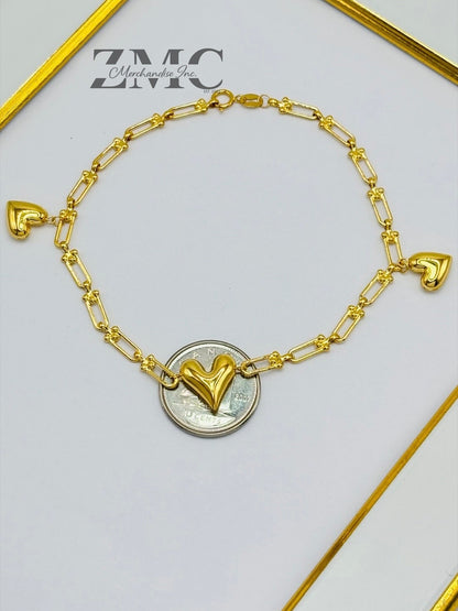 18K Gold Heart Charms Flat Hardware Bracelet
