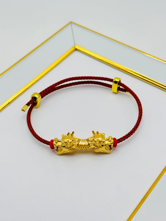 18K Gold  Lucky Dragon Bracelet  ( Hollow Empty Inside) Red Rope XXL