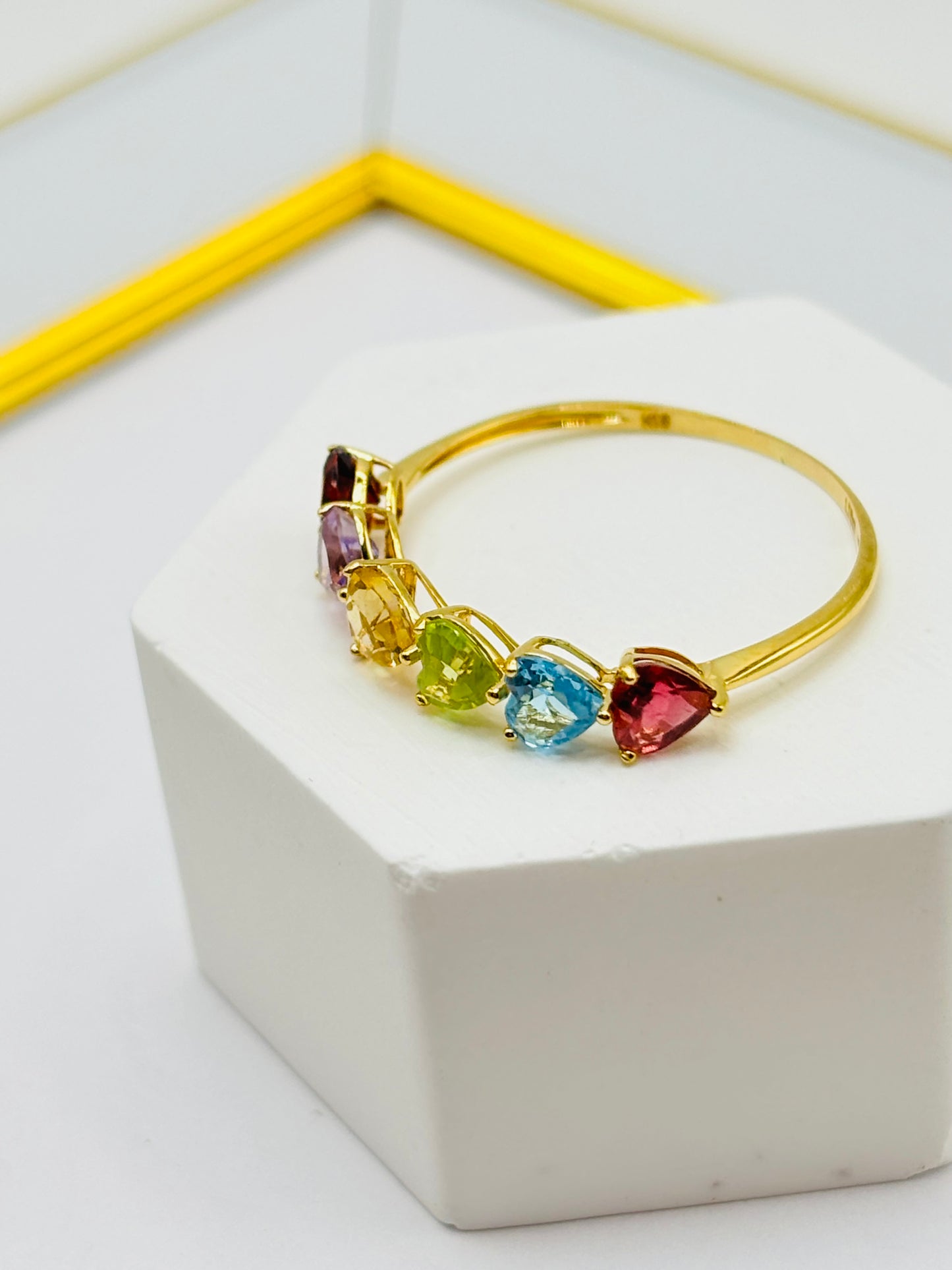 18K Gold Natural Multicolor Stone Lucky Ring