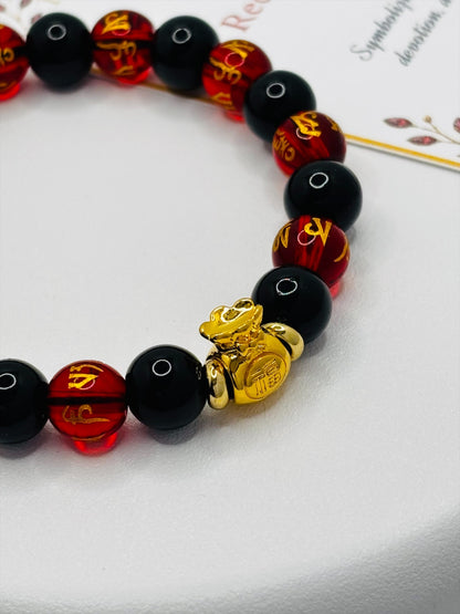 18K Gold  Lucky Money Bag Black/Red Mantra Bracelet  ( Hollow Empty Inside)