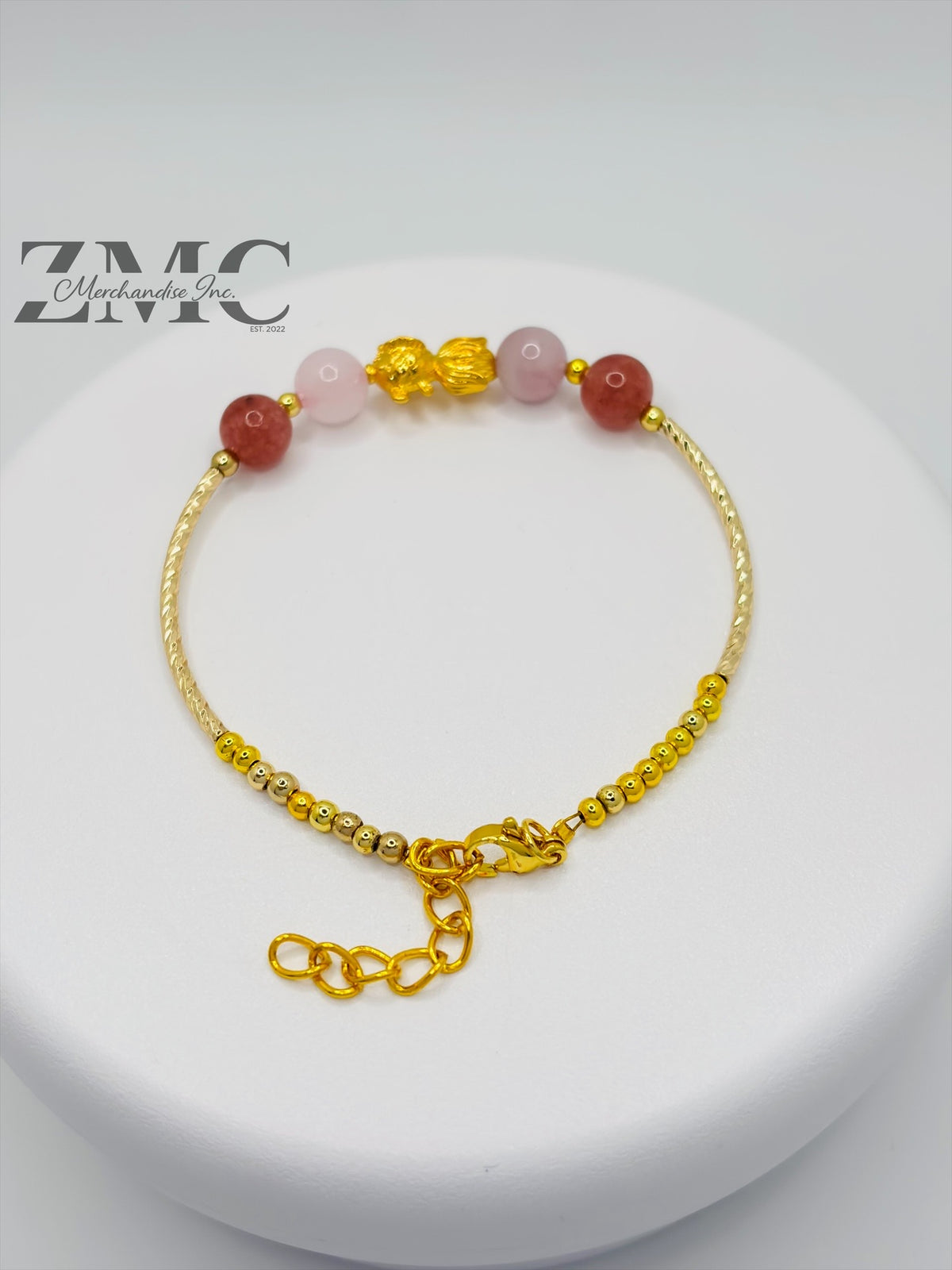 18K Gold Lucky Koi Fish Bracelet Rose Quartz Stone ( Hollow Empty Inside)