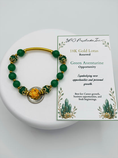 18K Gold Lucky Lotus Flower Aventurine Bracelet ( Hollow Empty Inside)