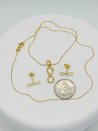 18K Gold Infinity Earrings and Necklace Set