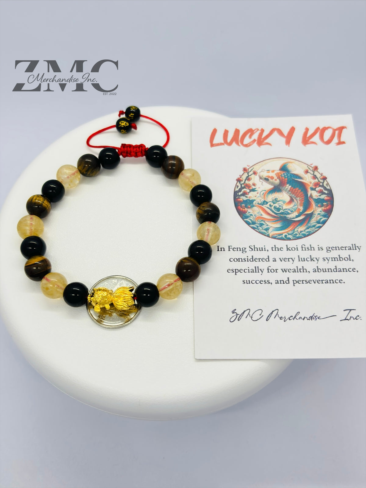 18K Gold Lucky Koi Fish Bracelet Citrine, Onyx, & Tiger Eye Stone ( Hollow Empty Inside)
