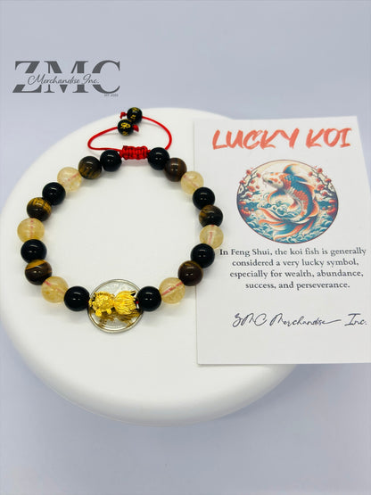 18K Gold Lucky Koi Fish Bracelet Citrine, Onyx, & Tiger Eye Stone ( Hollow Empty Inside)