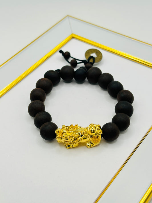 18K Gold  Lucky Piyao/ Pi Xiu Bracelet Dark Wood with Lucky Coin ( Hollow Empty Inside) XXL