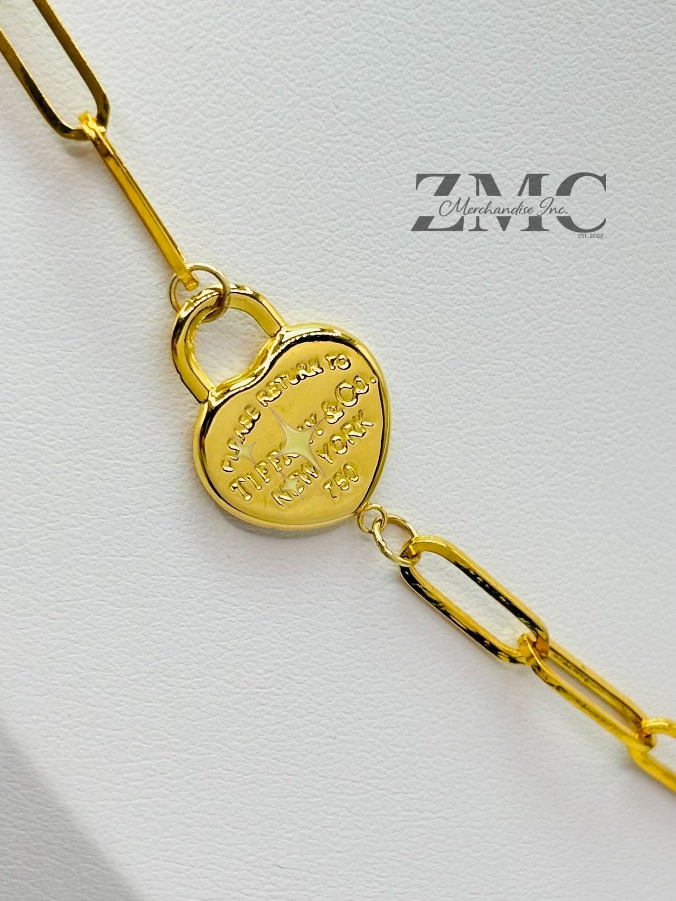 18K Gold Paperclip with Padlock and Heart Attached Necklace