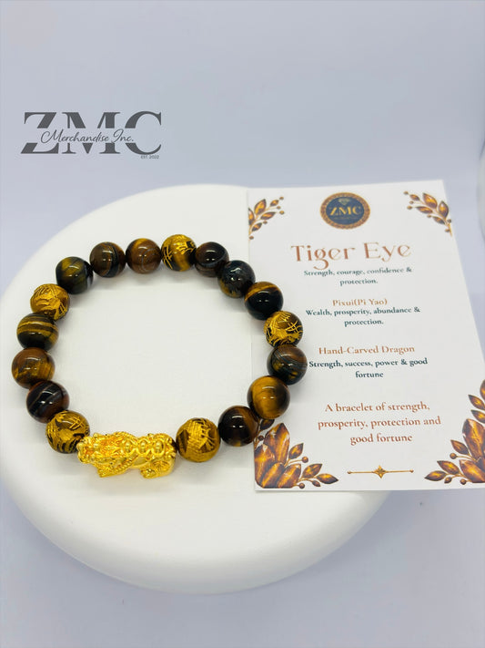 18K Gold Lucky Piyao/ Pi Xiu  Bracelet Tiger Eye Dragon Stone( Hollow Empty Inside) Extra Large Glossy