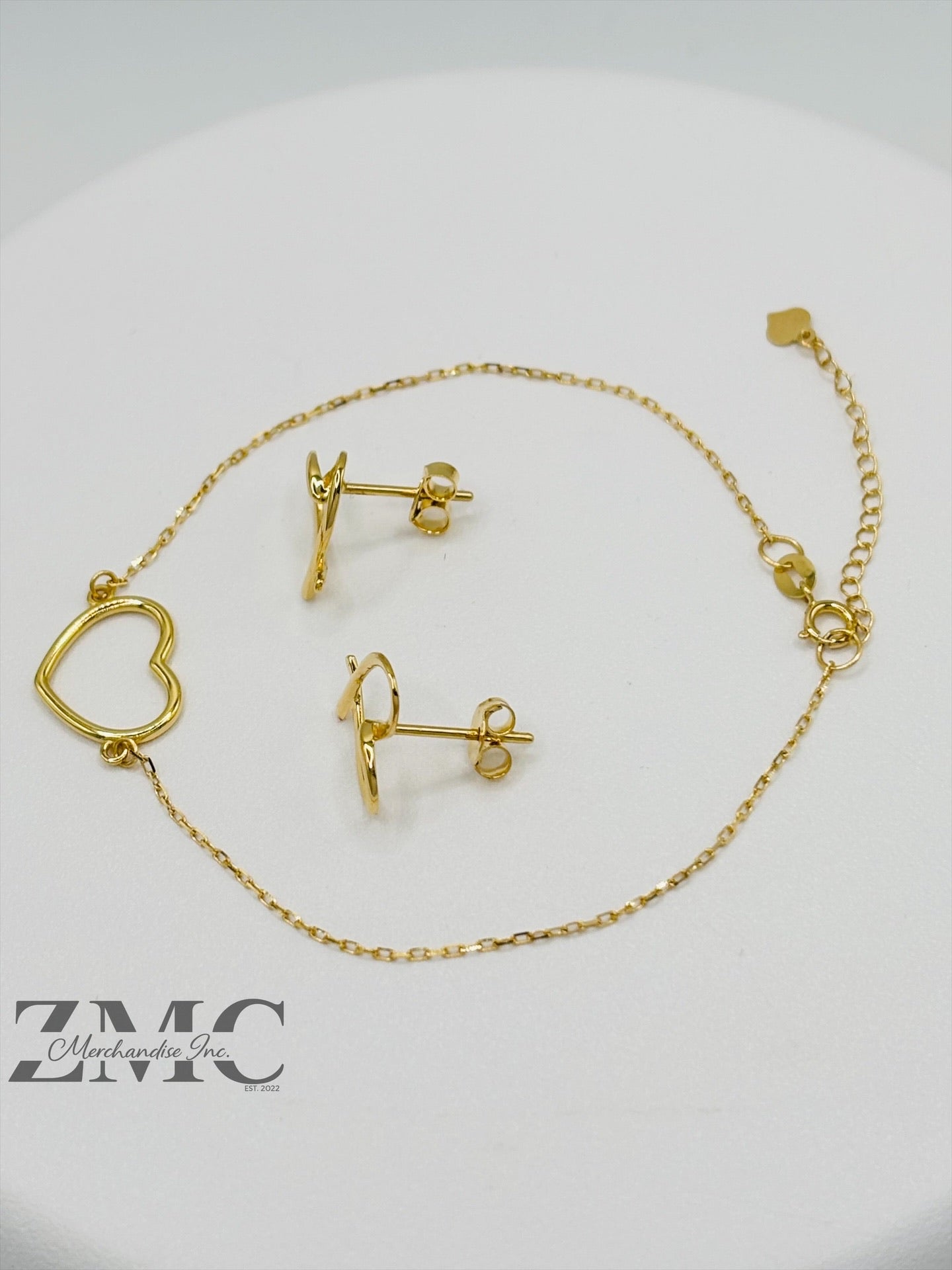 18K Gold Open Heart Earrings and Bracelet Set
