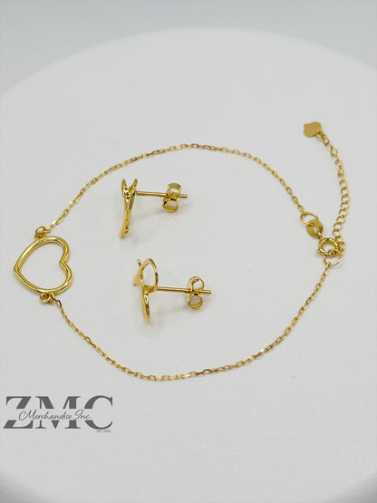 18K Gold Open Heart Earrings and Bracelet Set