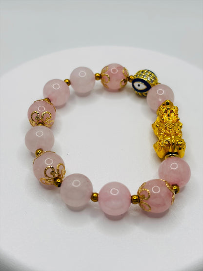 18K Gold Lucky Piyao/ Pi Xiu Rose Quartz Bracelet( Hollow Empty Inside) Extra Large