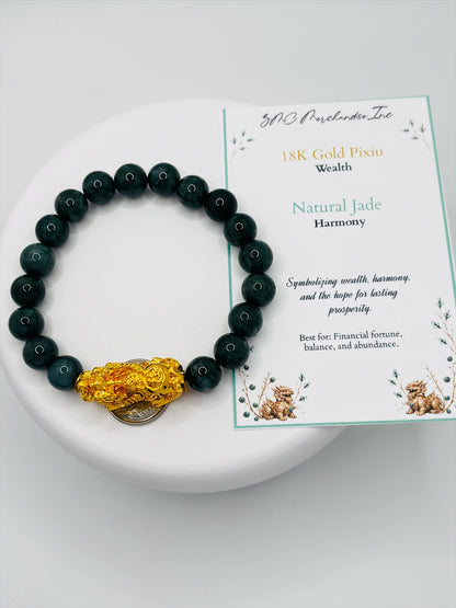 18K Gold Lucky Piyao/ Pi Xiu Green Jade Bracelet( Hollow Empty Inside) XXL PIYAO