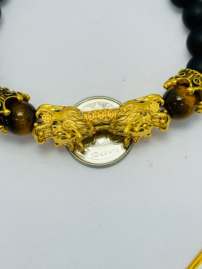 18K Gold  Lucky Dragon Bracelet Tiger Eye, Black Obsidian Stone  ( Hollow Empty Inside) XXL