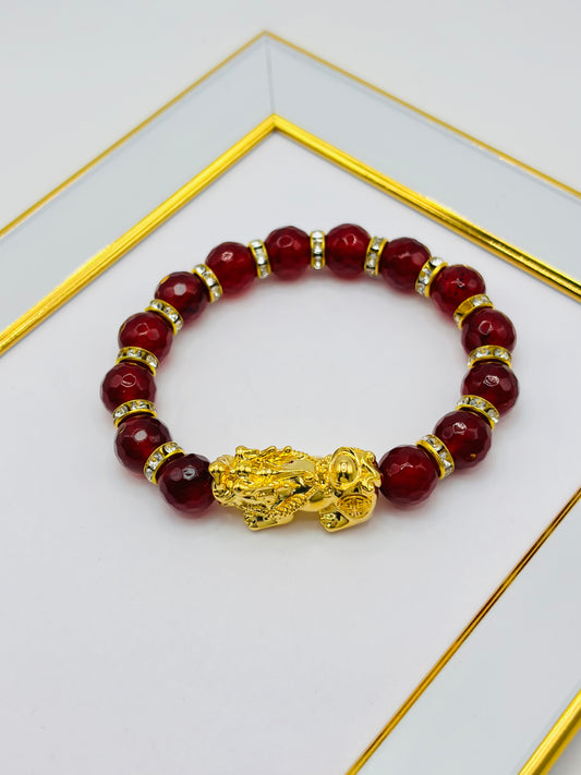 18K Gold  Lucky Piyao/ Pi Xiu Bracelet Red Agate ( Hollow Empty Inside) XXL
