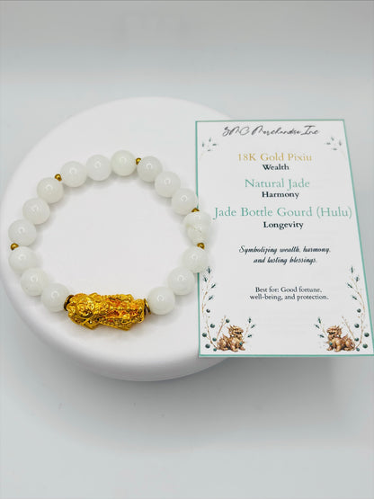 18K Gold Lucky Piyao/ Pi Xiu Bottle Gourd White Jade Bracelet( Hollow Empty Inside) XXL PIYAO