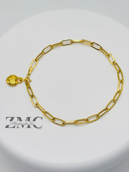 18K Gold Paperclip with Heart Charm Bracelet