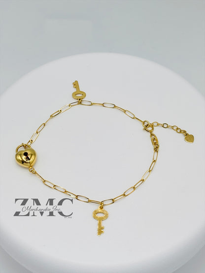 18K Gold Heart and Key Bracelet