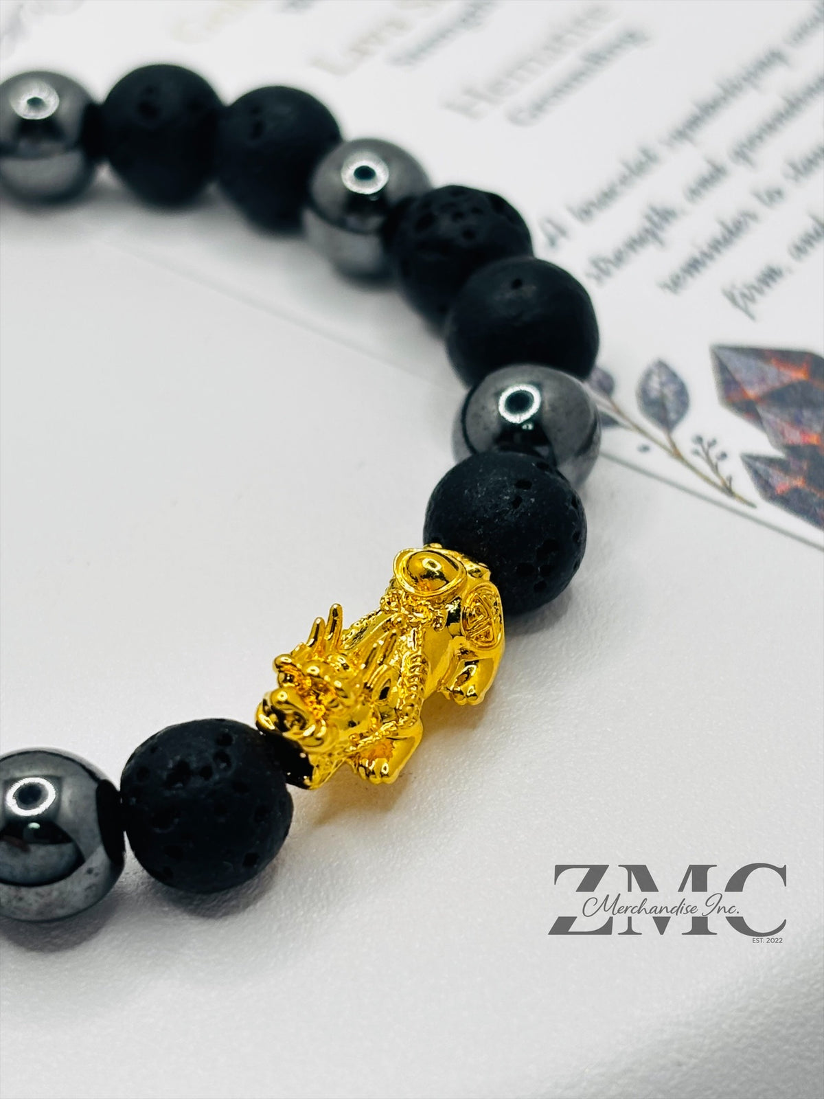 18K Gold Lucky Piyao/ Pi Xiu Blue Lava, Hematite Bracelet ( Hollow Empty Inside) Medium