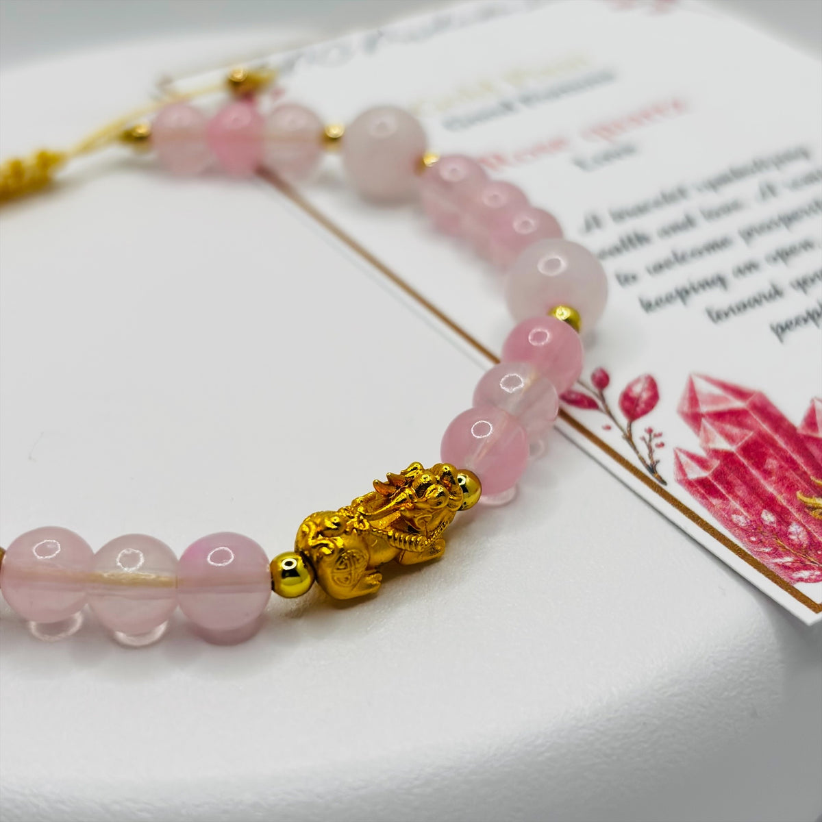 18K Gold Lucky Piyao/ Pi Xiu Rose Quartz String Bracelet ( Hollow Empty Inside) Small