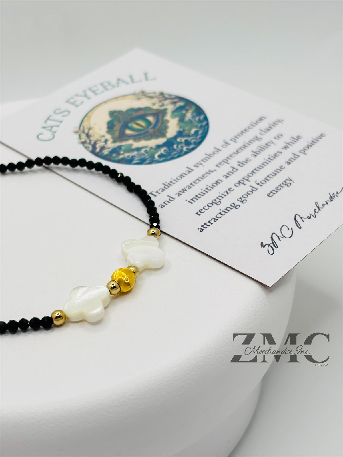 18K Gold Cats Eye Ball with Black Spinel Stone & Four Leaf Fresh Water Pearl
