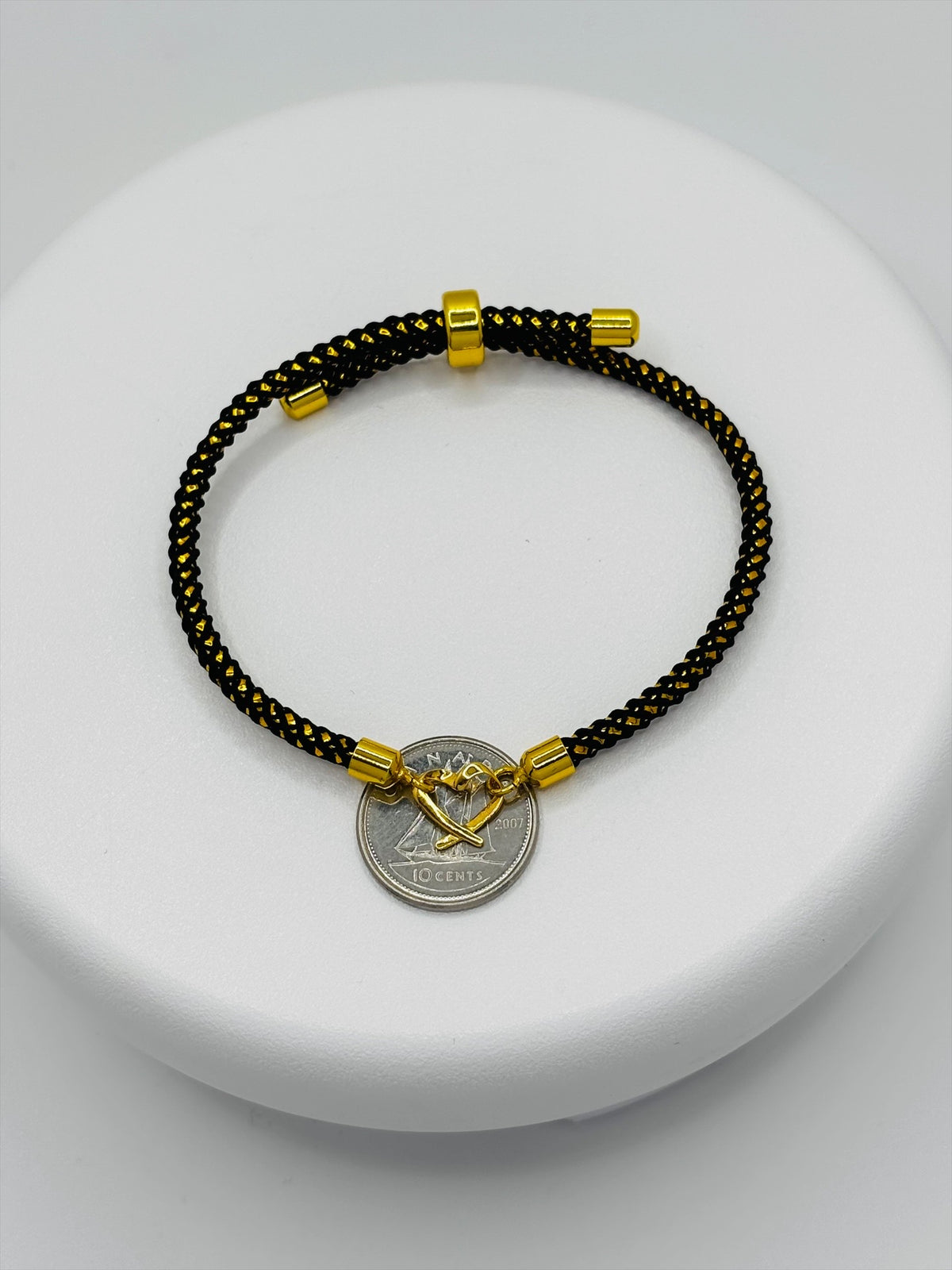 18K Gold Open Heart Small Gold/Black String Bracelet