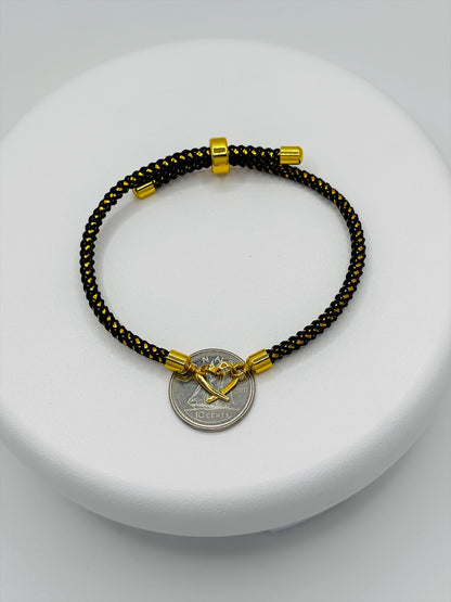 18K Gold Open Heart Small Gold/Black String Bracelet