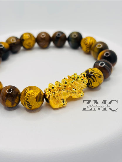 18K Gold Lucky Piyao/ Pi Xiu  Bracelet Tiger Eye Dragon Stone( Hollow Empty Inside) Extra Large Glossy