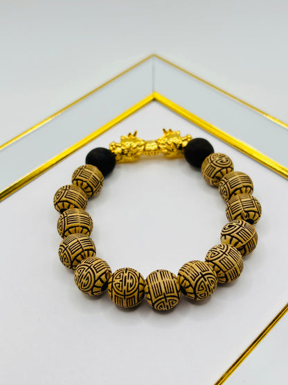 18K Gold  Lucky Dragon Bracelet ( Hollow Empty Inside)  Natural Carved Wood XXL