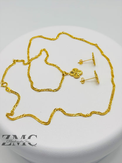 18K Gold Clover Earrings and Necklace Set