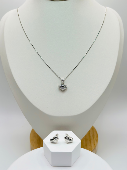 18K White Gold Heart Earrings and Necklace Set