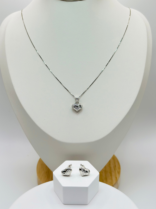 18K White Gold Heart Earrings and Necklace Set