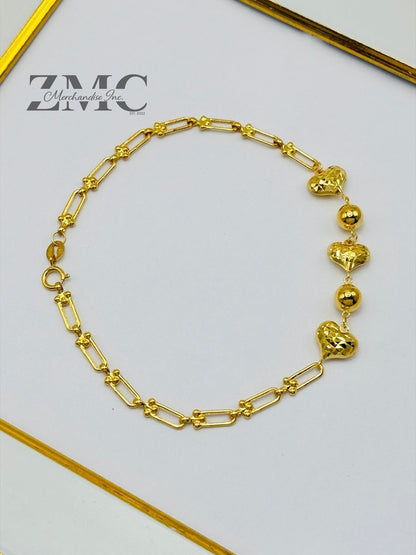 18K Gold Heart and Ball Diamond Cut Flat Hardware Bracelet