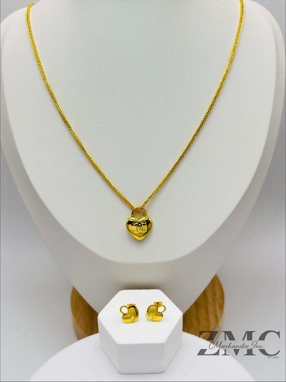18K Gold C Heart Earrings and Necklace Set
