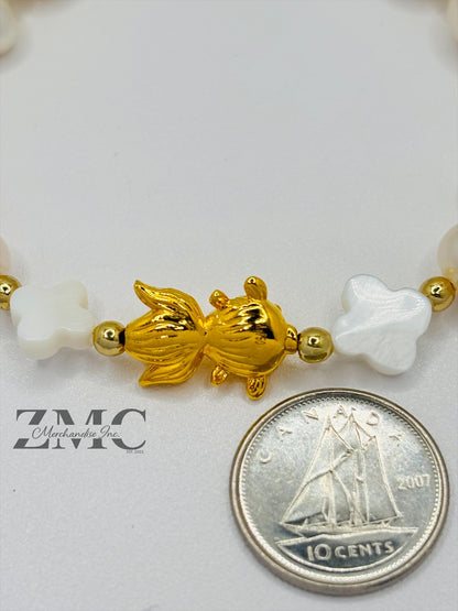 18K Gold Lucky Koi Fish Bracelet Fresh Water Pearl Stone ( Hollow Empty Inside)