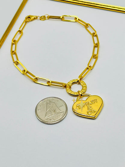 18K Gold Paperclip with Heart Bracelet