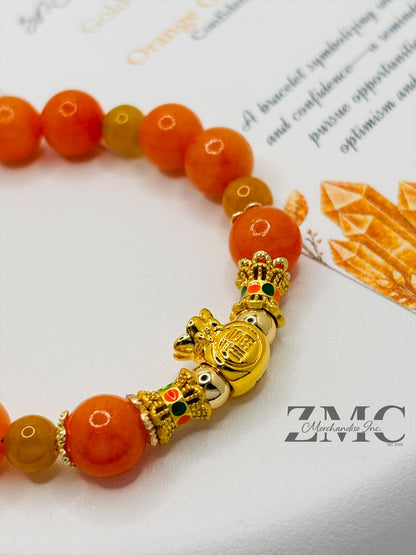 18K Gold  Lucky Money Bag Orange Chalcedony Bracelet  ( Hollow Empty Inside)