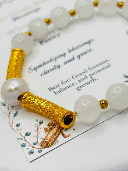18K Gold Double Lucky Baifu Tube Pearl White Quartz Bracelet  ( Hollow Empty Inside)