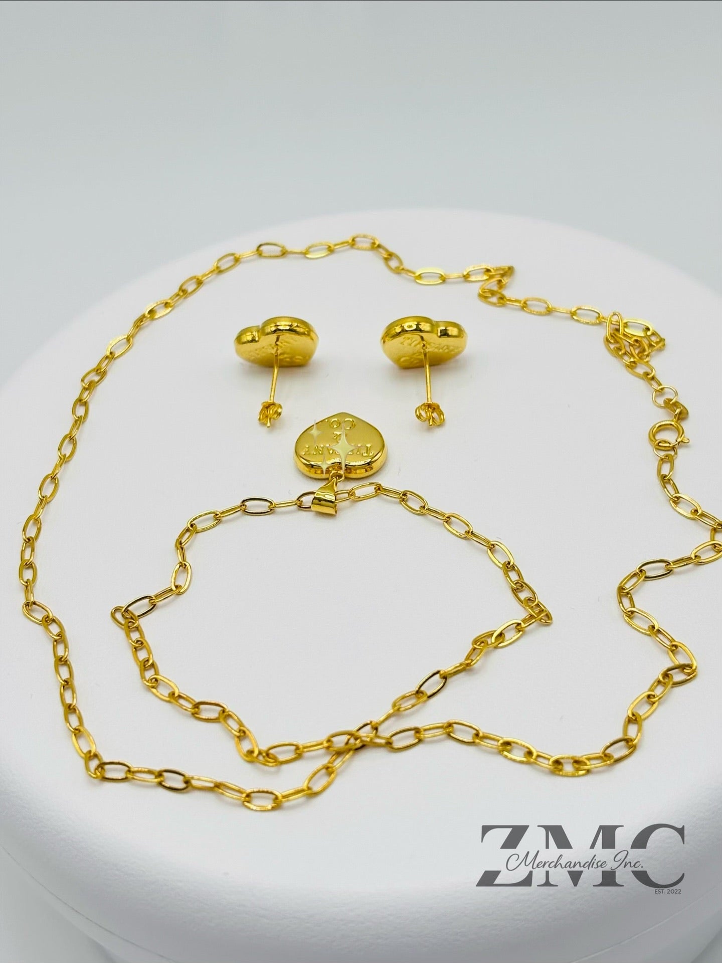 18K Gold Heart Earrings and Paperclip Necklace Set
