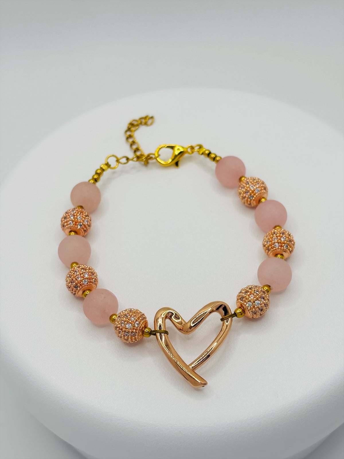 18K Rose Gold Open Heart Rose Quartz Bracelet (Electroform Heart)