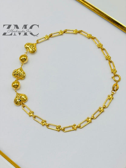 18K Gold Heart and Ball Diamond Cut Flat Hardware Bracelet